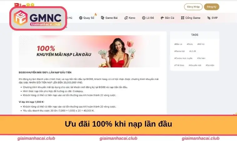 Ưu đãi 100% khi nạp lần đầu